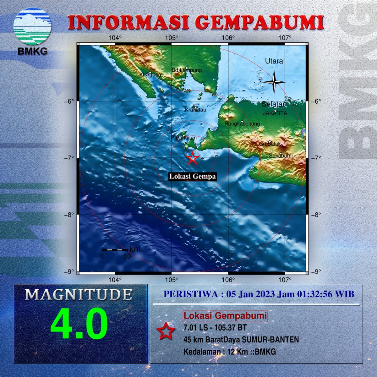 Info Gempa Mag:4.0, 05-Jan-23 01:32:56 WIB, Lok:7.01 LS - 105.37 BT (45 km BaratDaya SUMUR-BANTEN), Kedlmn: 12 Km ::BMKG