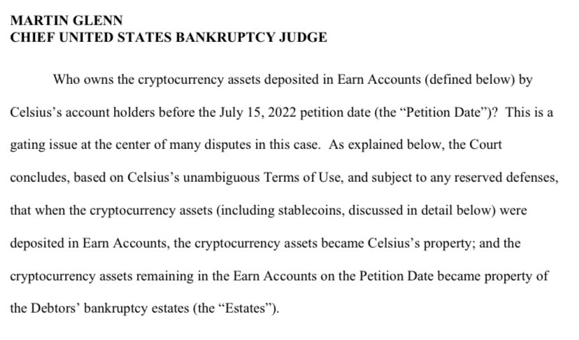 kadhim's tweet image. Significant moment in the Celsius bankruptcy as Judge Martin Glenn rules that $4.2bn of crypto deposited by customers to earn interest belongs to the estate, not the users: cases.stretto.com/public/x191/11…