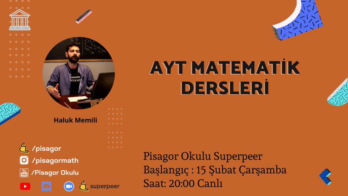 8 hafta sürecek olan AYT Matematik Dersleri Şubat ayında başlıyor. Bilgi ve başvuru için: superpeer.com/pisagor/collec…