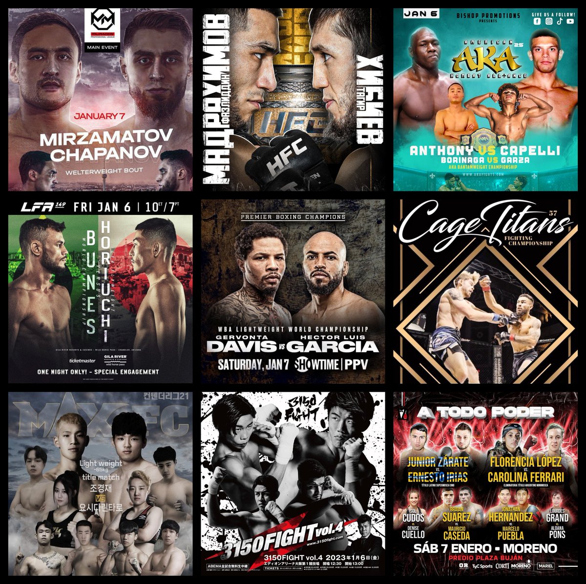 Grabaka_Hitman's tweet photo. Live Combat Sport Schedule: 1/5 - 1/8
Complete schedule w/ fight cards & free live streams HERE: https://t.co/1yVOjWrRcO
#DavisGarcia #LFA149 #CT57 #MPL7 #HFCMMA #3150Fight #AKA25 #MAXFC #ZarateIrias #PFC25 #OCL23 #RealityFighting #FairtexFight https://t.co/tjPG5JiqKt