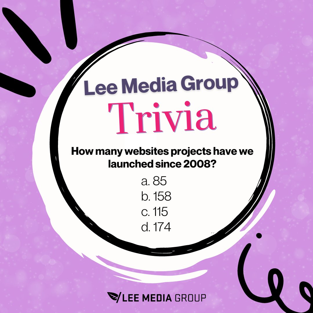 Lee Media Group (@leemediagroup) on Twitter photo It's National Trivia Day, which means that we're quizzing you with a LMG themed question - naturally. We opened our agency in 2008, building custom Wordpress websites. Can you guess how many website projects we've launched since 2008? Take your guess below! ✨ It's National Trivia Day, which means that we're quizzing you with a LMG themed question - naturally. We opened our agency in 2008, building custom Wordpress websites. Can you guess how many website projects we've launched since 2008? Take your guess below! ✨
