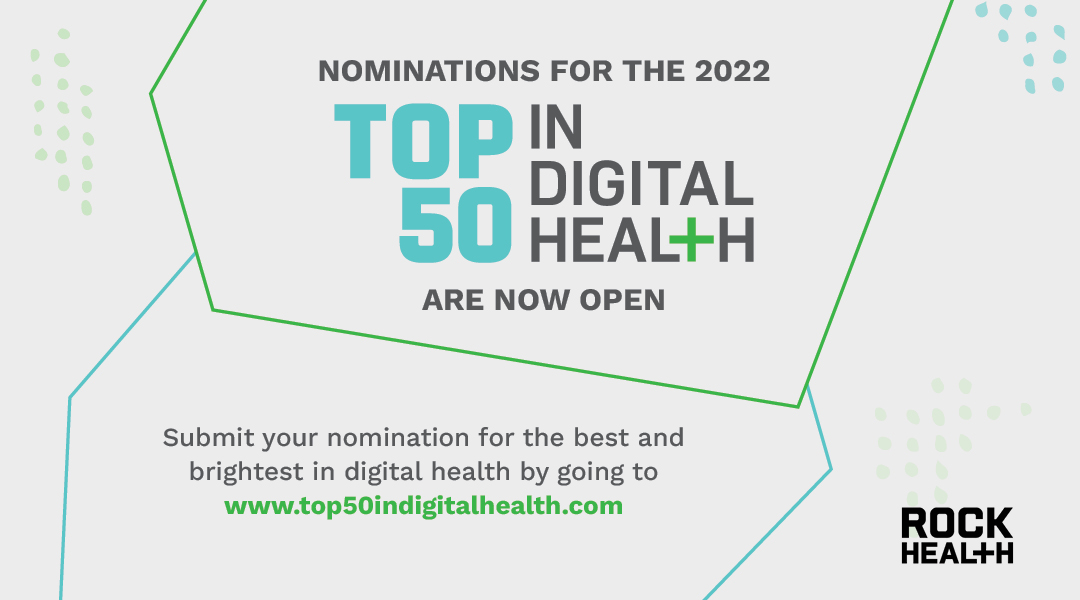Nominate! <a href="/Rock_Health/">Rock Health</a>'s Top 50 in Digital Health recognizes exceptional digital health leaders and organizations who are making healthcare massively better for all. <a href="/Rock_Health/">Rock Health</a> #top50indigitalhealth top50indigitalhealth.com/nominate-22