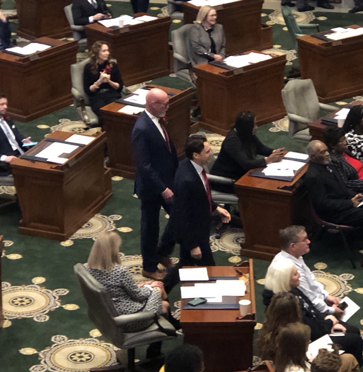 Missourinet's tweet photo. Missouri Senate bipartisan tradition of sitting Senators introducing newly-elected ones.  Here is Democratic leader John Rizzo escorting Mike Cierpiot of Jackson County. #moleg https://t.co/717QaaBDOK