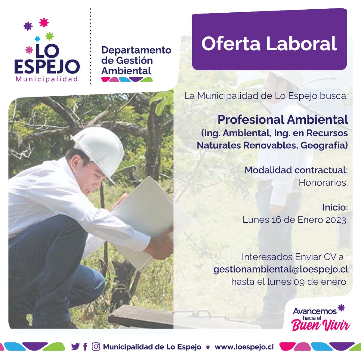 muniloespejo's tweet photo. El municipio requiere Profesional Ambiental (Ing. Ambiental, Ing. en Recursos Naturales Renovables, Geografía)

💰Sueldo bruto: $1.320.975 ($1.150.000 líquido aprox.), más 3 bonos de $50.000 en febrero, agosto y noviembre. 

📨Enviar CV a gestionambiental@loespejo.cl. https://t.co/dGmpOKMTKI