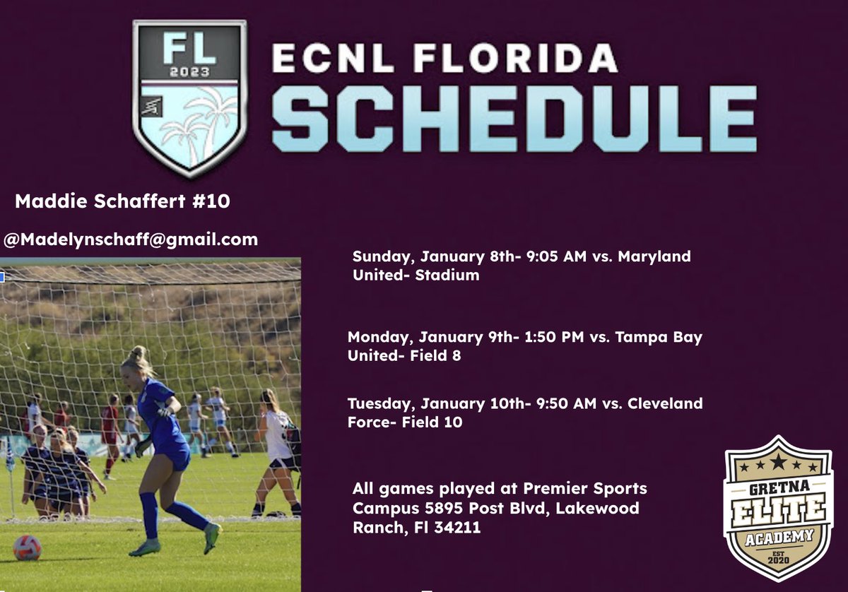 Maddieschaff's tweet photo. Can’t wait to head down to ECNL Florida this weekend and compete with some great teams!!!!🌴 Hope to see you there! https://t.co/wLhH7f3SoE