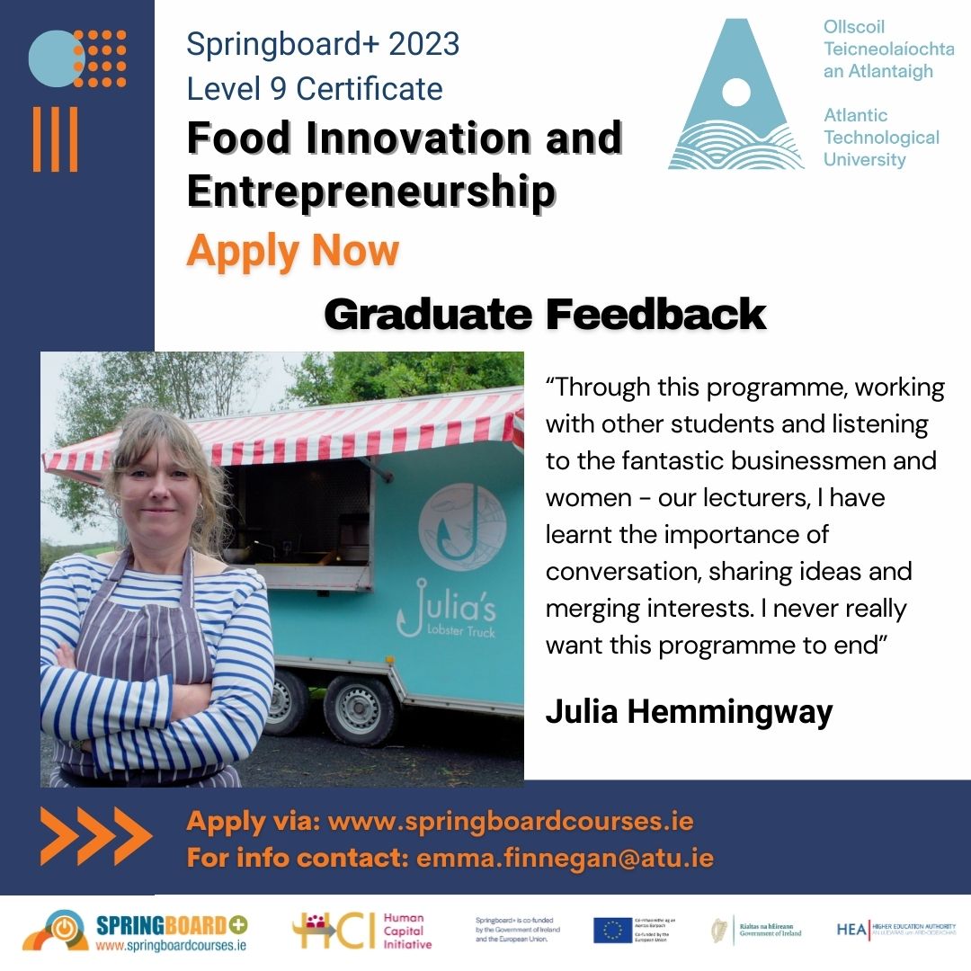 Over the holidays, have you been thinking about how your food passion could be a business reality?🧁

ATU Galway's award-winning #free 'Food Innovation & Entrepreneurship' #Springboard #course is perfect for you🌟

👇Apply before the 9th! Here:springboardcourses.ie/details/10329

#AtlanticTU