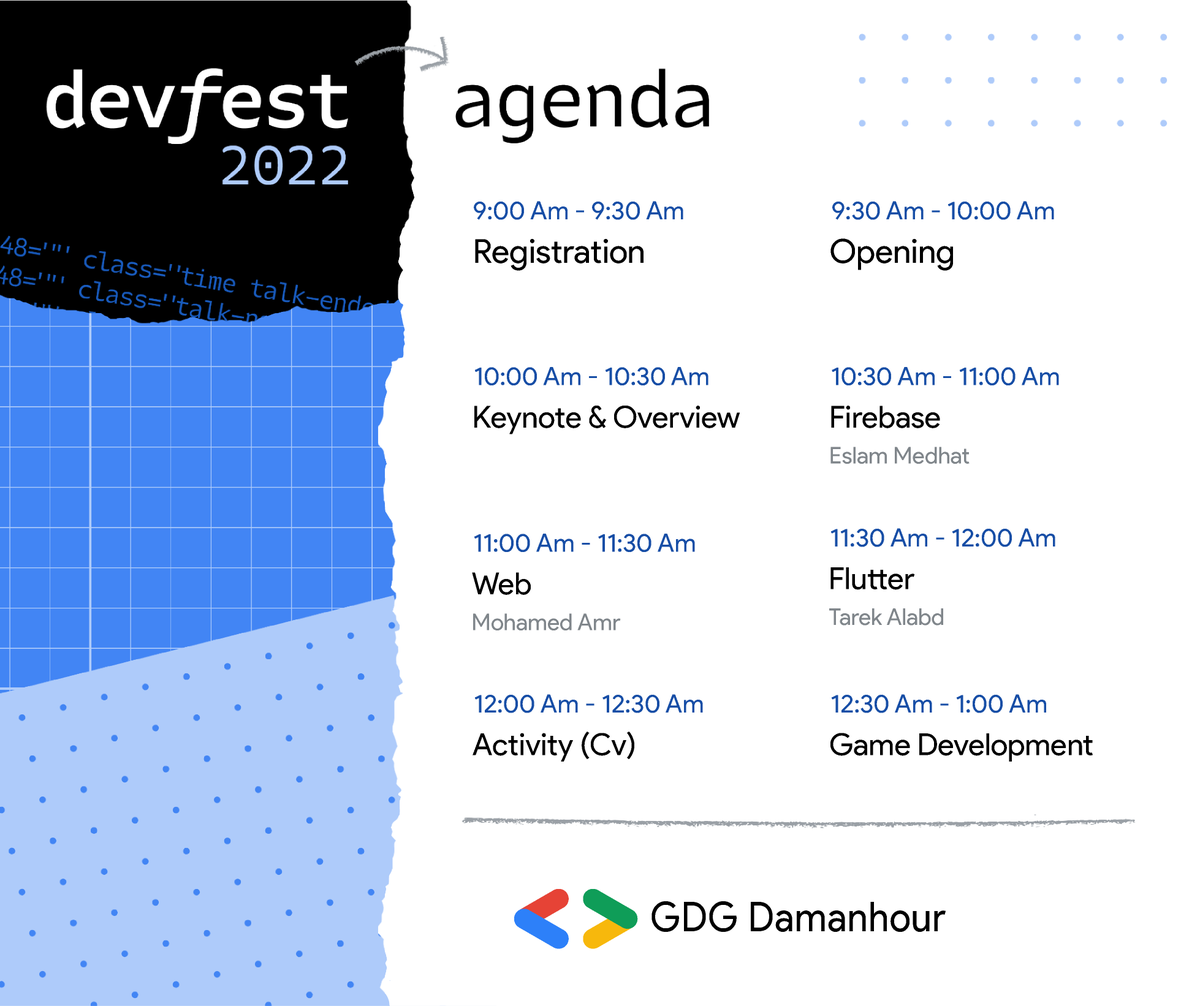 GDGDamanhour's tweet photo. Finally, the agenda for #DevFest2022 #GDG_Damanhour
And we will wait for you tomorrow in:
Convention Center - Alexandria Faculty of Medicine
don't forget to RSVP: https://t.co/ej88gB9sbn
Stay tuned for our Devfest tomorrow #googleddevelopers #DevFest https://t.co/FY79IWdydQ