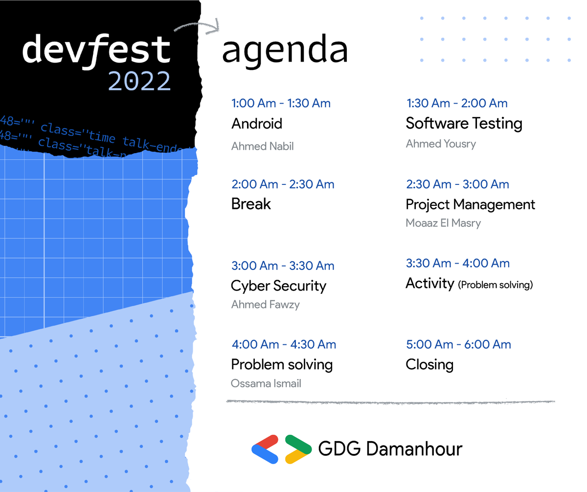 GDGDamanhour's tweet photo. Finally, the agenda for #DevFest2022 #GDG_Damanhour
And we will wait for you tomorrow in:
Convention Center - Alexandria Faculty of Medicine
don't forget to RSVP: https://t.co/ej88gB9sbn
Stay tuned for our Devfest tomorrow #googleddevelopers #DevFest https://t.co/FY79IWdydQ