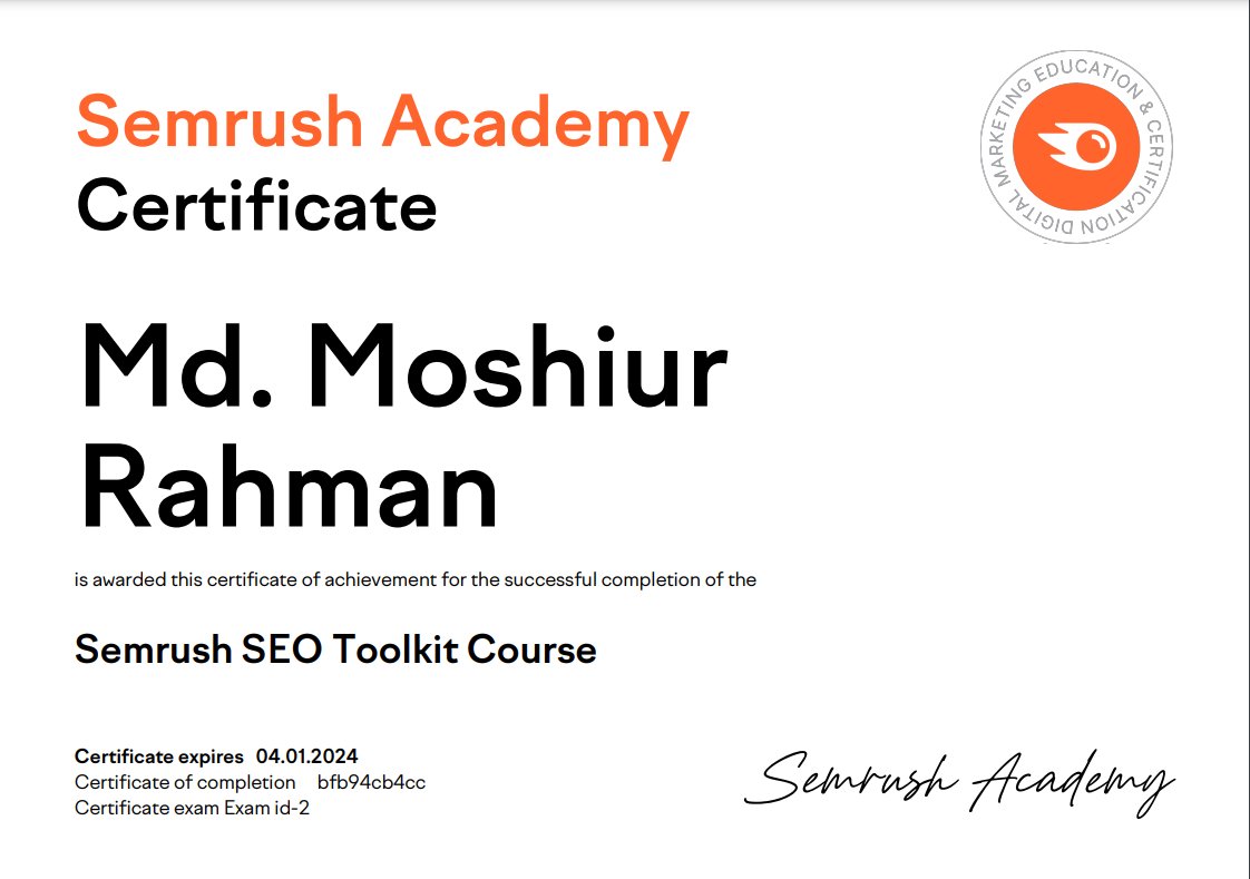 I’m happy to share that I’ve obtained a new certification: Semrush SEO Toolkit Course from Semrush!
Thank you Semrush!

#seo #seoexpert #advancedseo #localseo #keywordresearch #onpageseo #technicalseo #offpageseo #linkbuilding