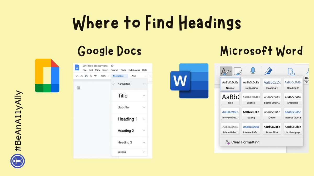 KatieF's tweet photo. Want to make your documents more accessible? Try using headings to organize your content and make it easier for users to navigate. Headings help screen readers understand the structure of your document and make it easier for all users to find what they need. #BeAnA11yAlly #AllyEd https://t.co/AGylJoi8CE