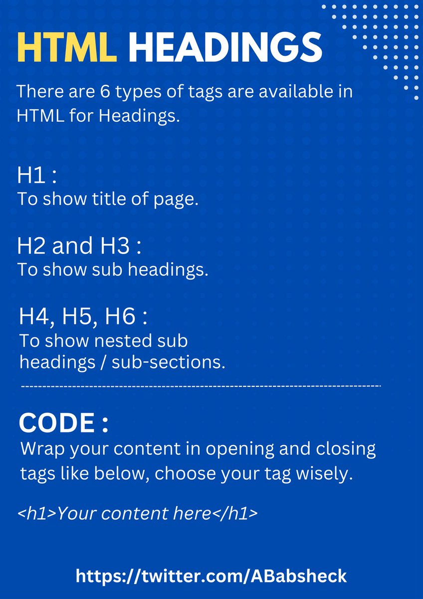 ABabsheck's tweet photo. Headings helps search engines and users to understand content of the page, lets understand types and code format, how to use in html https://t.co/uQ6ojhYeGj