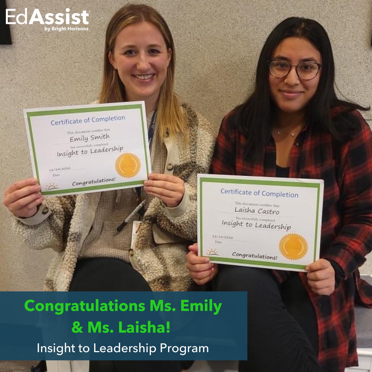 EdAssistBH's tweet photo. Congratulations to Ms. Emily &amp; Ms. Laisha on the completion of their leadership program! Proud to see these two aspiring #leaders grow their careers with Bright Horizons. Way to kick off the #newyear! 🎉👏 #workforceeducation 

Learn more 👉 https://t.co/HqBSi87Y3o https://t.co/g2Y8OXfRee