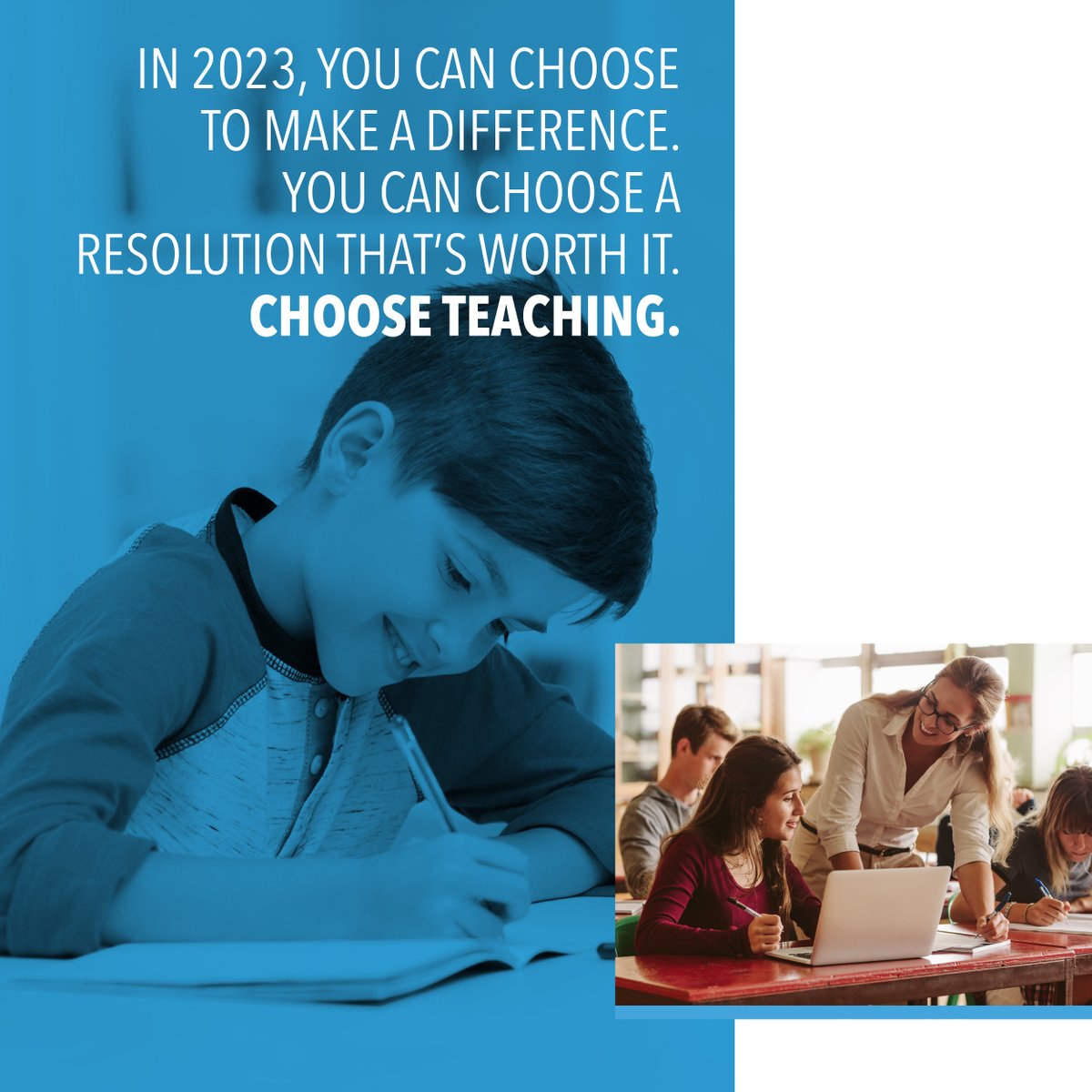 Kick off the New Year with a new CAREER. There is no better time to make your New Year’s resolution count. Choose teaching today. 📚 Learn more here: bit.ly/3VEEz7y
.
#TeachersofTomorrow #ChooseWorkThatsWorthIt #ChooseTeaching