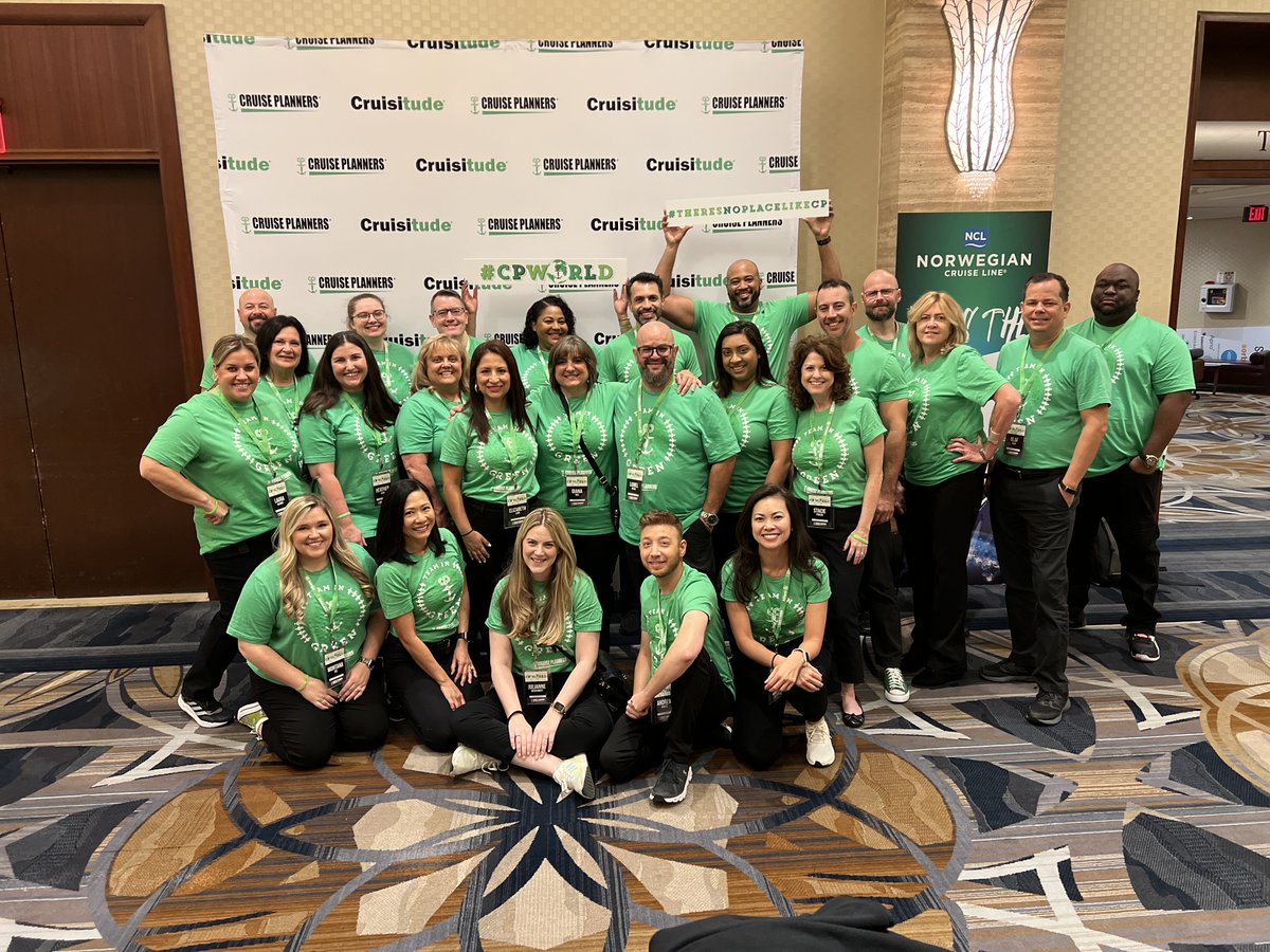 Cruisitude's tweet photo. Throwback to convention and the Home Office Team behind the countless hours of planning, executing and making sure CPCon22 was amazing for everyone involved. It takes a village! A bright green village overflowing with CRUISITUDE! #cruiseplanners #cruisitude #cpcon22 #cpworld https://t.co/bqR7KUfEv5