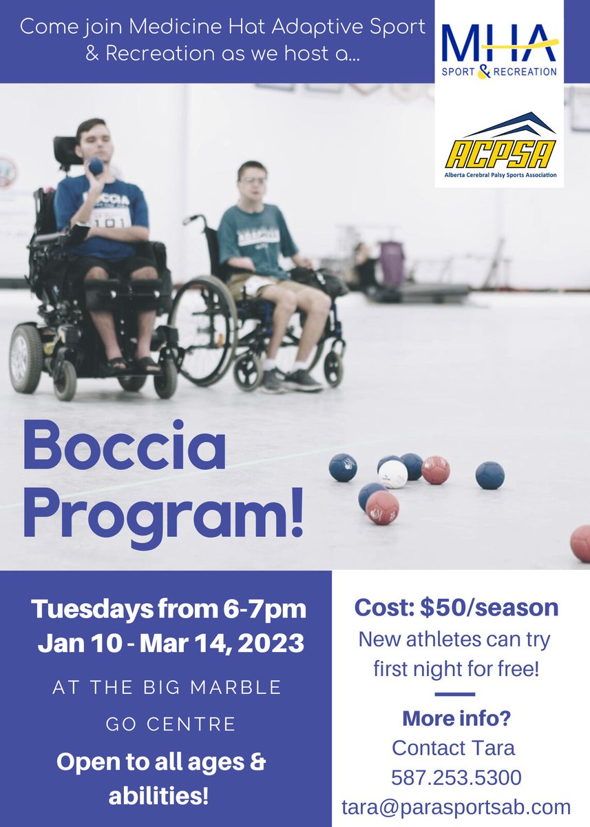 Boccia is starting up on Tuesday, Jan 10! 

Lots of spots left! All ages and abilities welcome! 

Sign up at parasportsab.com/we-offer/medic…