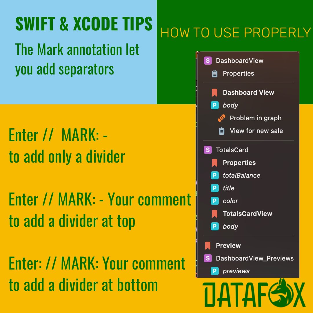 datafoxsoftware's tweet image. Swift & Xcode tips. Using MARK - TODO - FIXME annotations. #swiftuitutorials #iosdev #iosdeveloper #swiftlang #swiftlanguage #swiftprogramming #developers #swift #programming #swiftui #swiftdevelopers