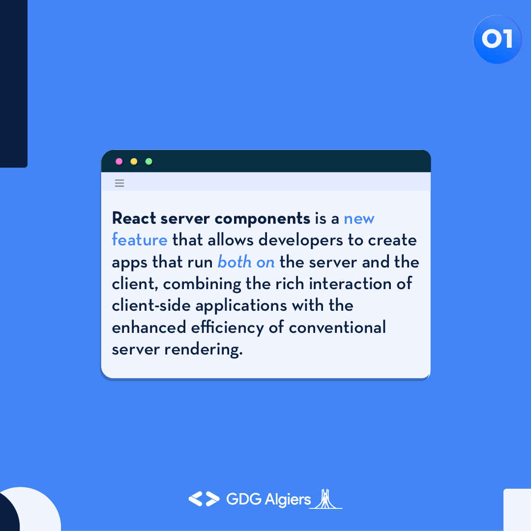 GDG_Algiers's tweet photo. Continuing with Modern Frontend section of our series #webitup , we share with you through this tweet a valuable guide to React Server Components and how they work 🧑💻
Enjoy learning 🔥!
#GDG #GDGAlgiers #webdevelopment #webdev #react #rsc #modernfrontend #webitup https://t.co/sxpGz8RPLs