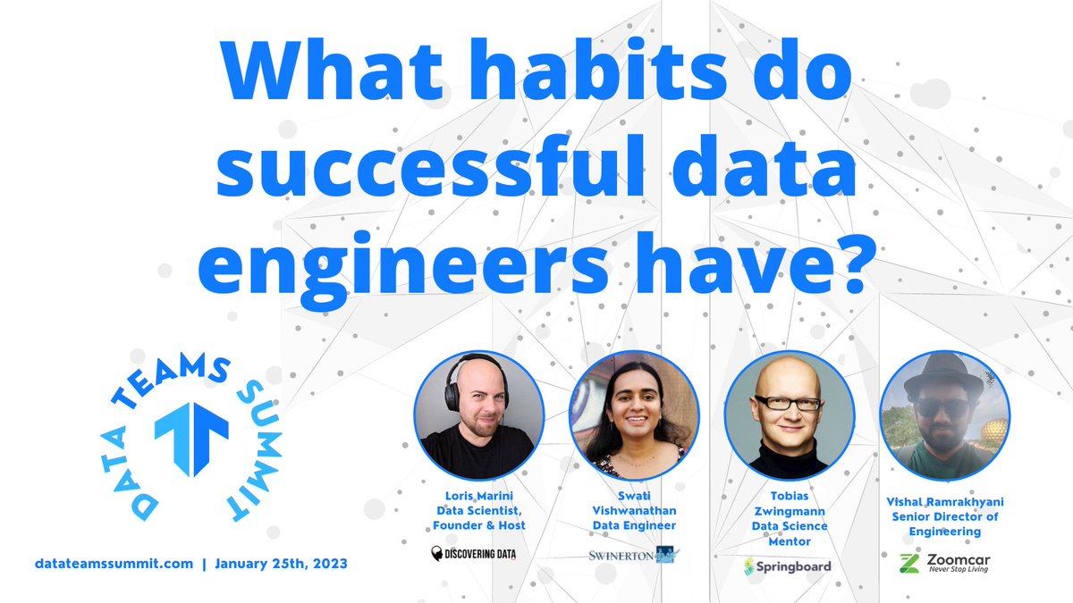 iLoveDataOps's tweet photo. Find out what habit every successful data engineer has with @lorismarini's peer-to-peer panel at #datateamssummit. @ztobi, Swati, and Vishal are going to dive in live, virtually on January 25th at https://t.co/oxxsVCCdZi 🙌 #dataengineering https://t.co/lREezcviiN