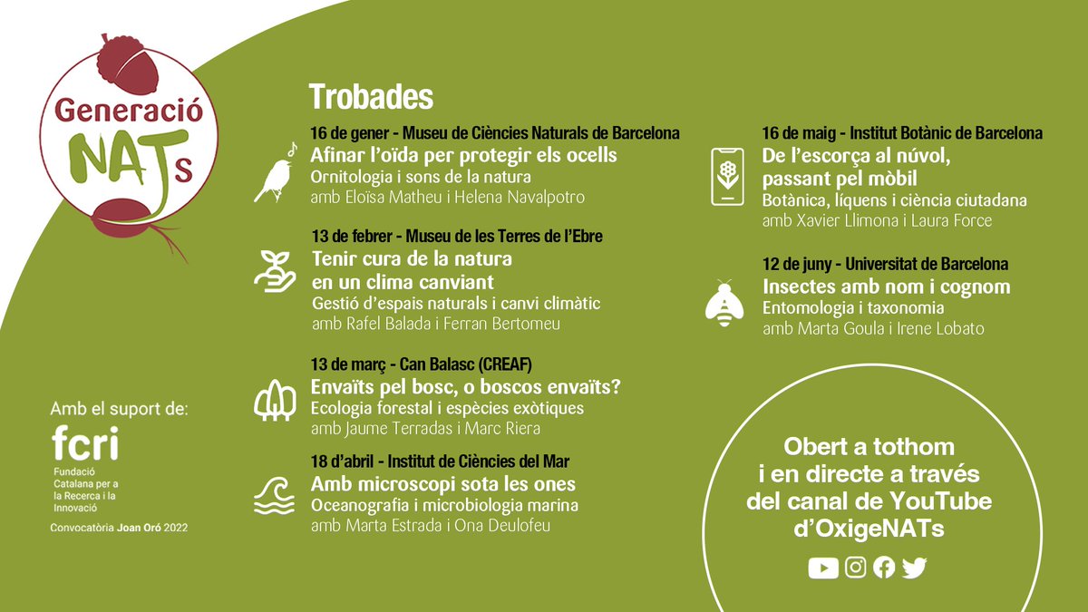 OxigeNATs's tweet photo. I vet aquí les trobades de #GeneracióNATs! Seran presencials, a diferents institucions de recerca, amb alumnes com a públic i obertes a tothom en directe a través del canal de YouTube d'@OxigeNATs. Acompanya'ns en aquest punt de trobada intergeneracional i ple de natura! 👦🏽👩🏻🧓🏼🍃 https://t.co/LyvdNwXfOs