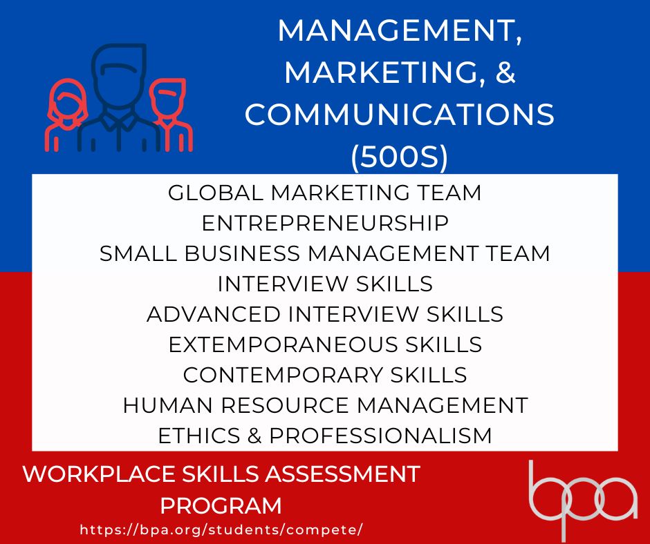 NM_BPA's tweet photo. There are 18 contests in the Management, Marketing and Communication WSAP category! These contests focus on management, marketing, and human resources concepts and practices. Check out the first nine of them! #IndestructibleNMBPA #IAMNMCTSO #WinItWednesday @BPAConnect https://t.co/uFBfTv4655