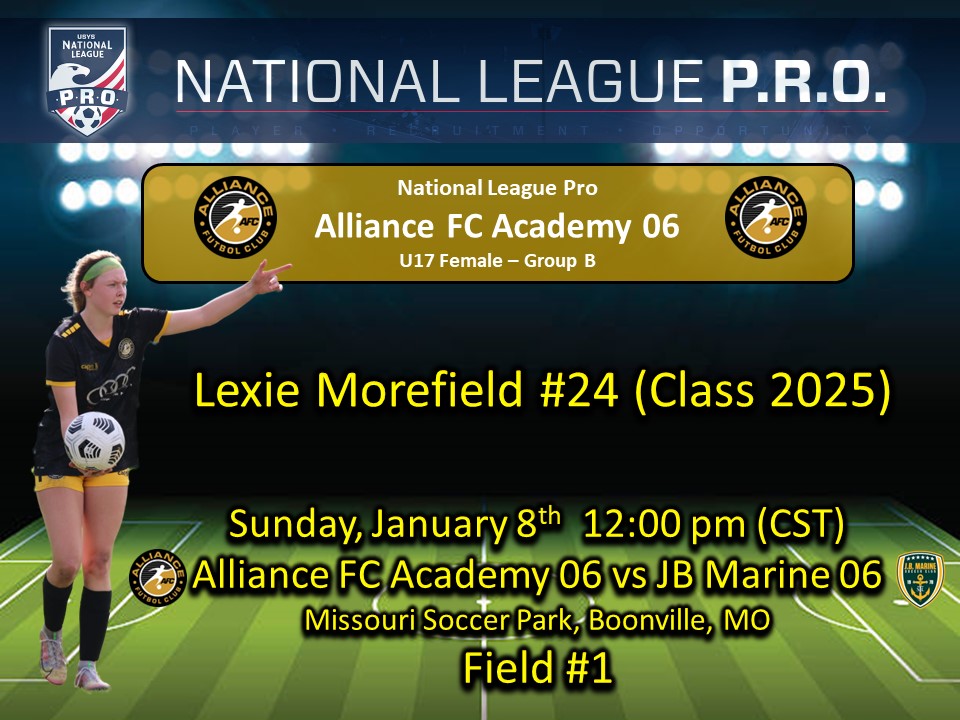 ⚽️Big <a href="/NationalLeague/">National League</a> Pro rivalry match between KC and St Louis clubs this Sunday <a href="/AFCAcademy06G/">Alliance FC Academy 06G</a> vs <a href="/2006JBMarine/">JB Marine 2006/07 Garabedian Gold</a>. Kickoff 12:00 pm

<a href="/PrepSoccer/">Prep Soccer ⚽️</a> <a href="/TopDrawerSoccer/">TopDrawerSoccer</a> <a href="/IMCollegeSoccer/">College Soccer Truth ™</a> <a href="/TheSoccerWire/">SoccerWire</a> <a href="/HSSoccerKC/">SoccerKC</a> <a href="/EliteSoccerPlay/">EliteSoccerPlayers.com</a>  <a href="/USYouthSoccer/">US Youth Soccer</a> @GotSoccer <a href="/MOyouthSoccer/">Missouri Youth ⚽️</a> <a href="/Alliance_FC_/">Alliance Futbol Club</a>