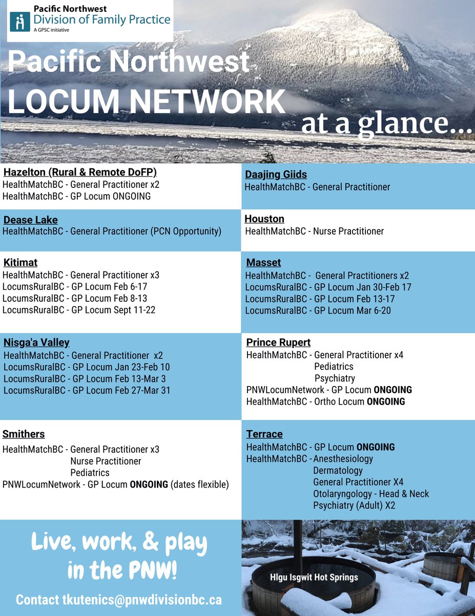 So many exceptional opportunities in the @PNWDivision  for #GeneralPractitioners #NursePractitioners & #LocumPhysicians.  Apply at @HealthMatchBC or @LocumsRuralBC 
#recruitment #doctors #primarycare #primarycarenetworks #NP #GP #familydoctors #physicians #ruralhealth #familymed