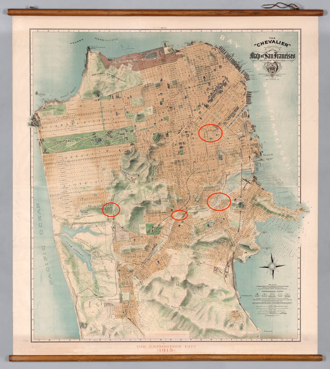 DavidGallagher's tweet photo. The 1914 Chevalier map is a great one for where I would expect to see flooding today, very predictable low points on old creek beds. (plus, it's a beautiful map that I love very much!)  #sfhistory #SanFrancisco https://t.co/k3XRKN7ePP https://t.co/yKsCOBH06D