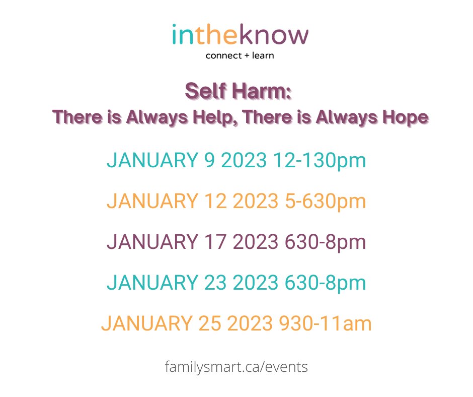 familysmartcda's tweet photo. Join us. Together we will watch a video and learn from Kim Leifso, a clinical counsellor and Ciara, a young person with lived experience; talk about what they have experienced with self-harm. Register here: https://t.co/V7cHuyAxnA #HereToHelp 
#familysmart #britishcolumbia #bced https://t.co/6SMeo71Saf