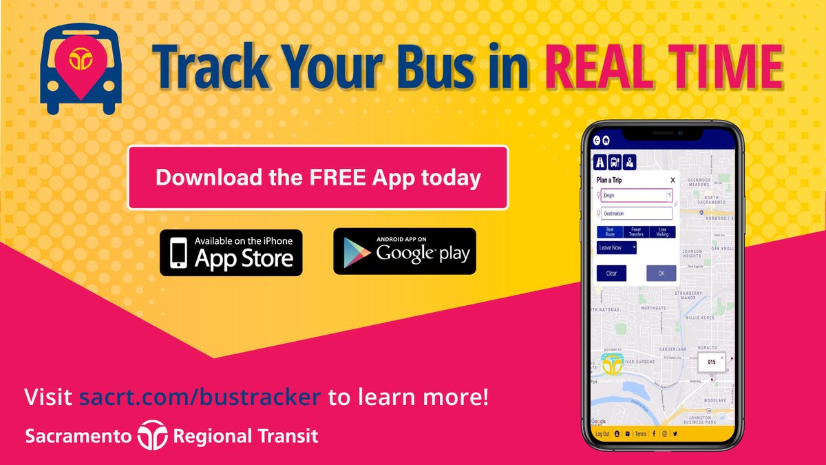 RideSacRT's tweet image. Did you know you can track your bus in real-time with the new SacRT BusTracker app?

Riders can sign up for real-time alerts sent by text or email notification. You can customize your notifications for your route and bus stopsacrt.com/bustracker. #RealTimeBus #FindMyBus
