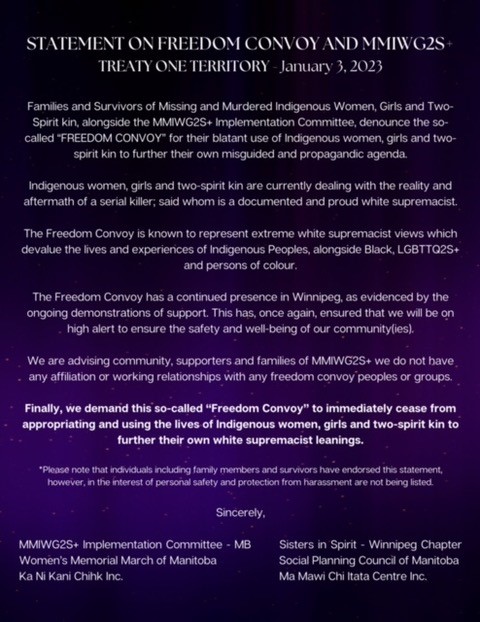 clanmothersca's tweet image. We @clanmothersca fully endorse and support the following statement that was released today, and join in our community's demand that the so-called "Freedom Convoy" cease appropriating the lives of Indigenous women, girls and two-spirit kin to further their own agenda.