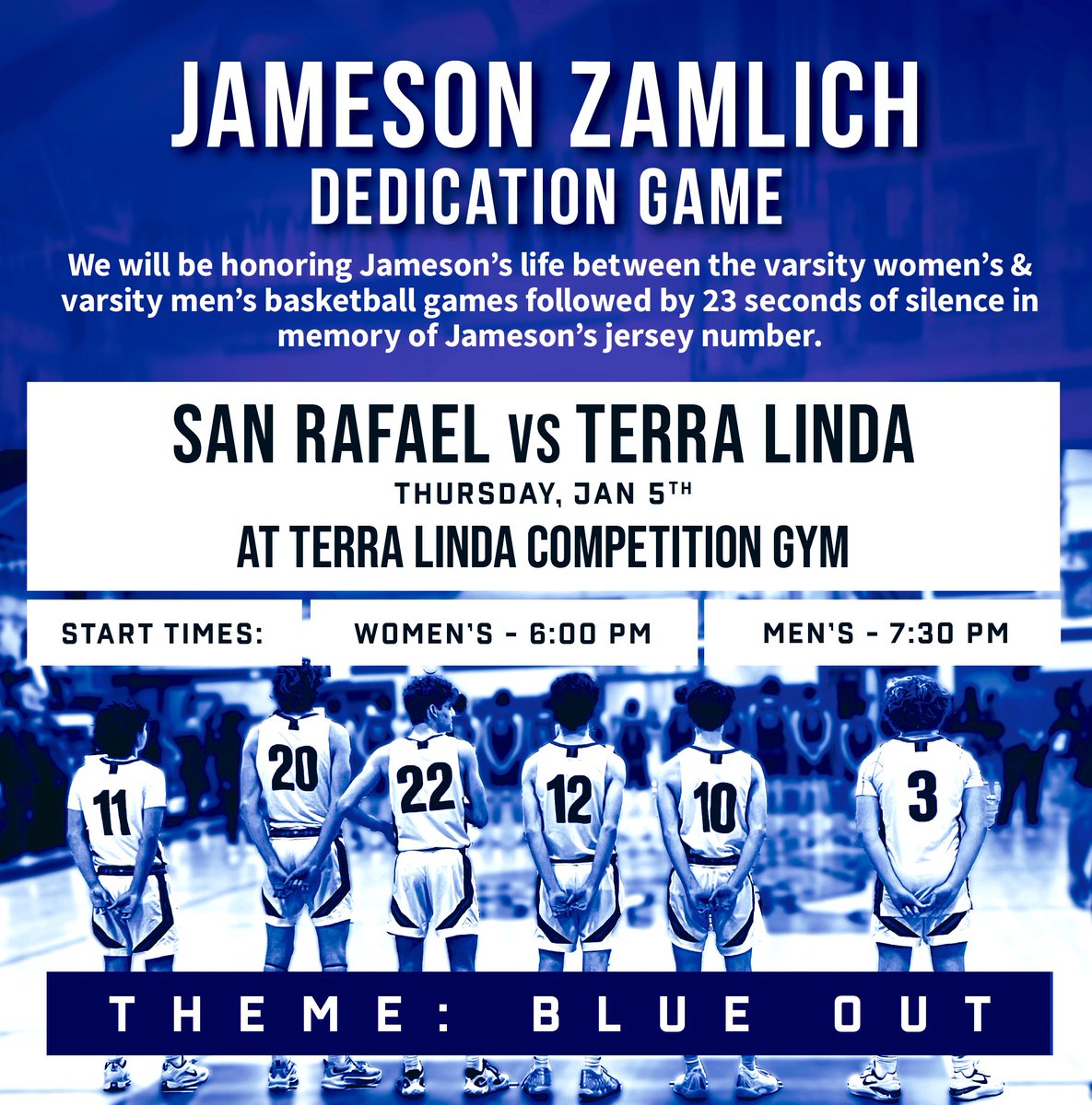 Our thoughts and prayers are with Terra Linda and the greater San Rafael community as we mourn the tragic passing of Terra Linda High School student Jameson Zamlich.

Tomorrow we unite together in remembrance.

🆚 <a href="/tltrojansports/">Terra Linda Sports</a>
⏰ VG 6:00pm | VB 7:30pm
📍 Terra Linda

#23Strong