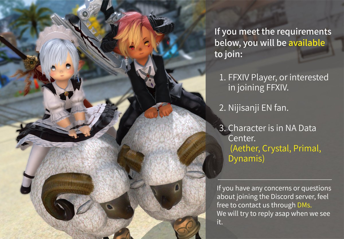 Comfydants_505's tweet photo. Hello everyone! 
We are welcoming all Niji EN fans who are FF14 players, or interested in FF14, to join in our newly made Discord server!
(Not only limited to Comfydants)
Server link:
https://t.co/mzOXnHQmnm
Welcome to Eorzea!✨ https://t.co/Xo8jVXQDB7