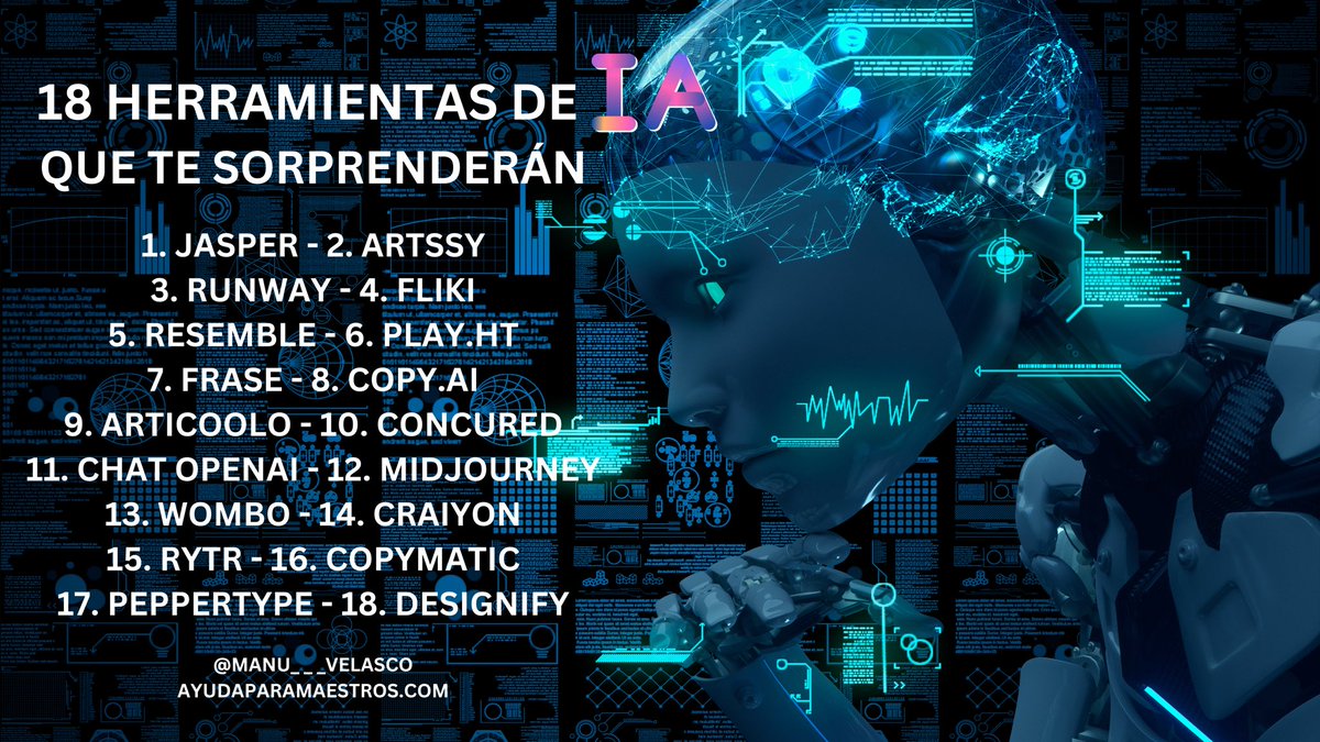 AyudaMaestros's tweet photo. 18 herramientas de Inteligencia Artificial que te sorprenderán. 👉 https://t.co/SYEe8pbeOy Por @Manu___Velasco https://t.co/gcb2uwXxCR