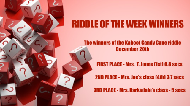 HillpointHusky's tweet photo. Please see our Riddle of the Week Winners for December 20th! The answer was 23!! #riddleoftheweek #problemsolvers #funmathproblems #candycanes #HPLeadersofthePACK
#BuildingtheBestSPS https://t.co/zHRsxTC8Fx