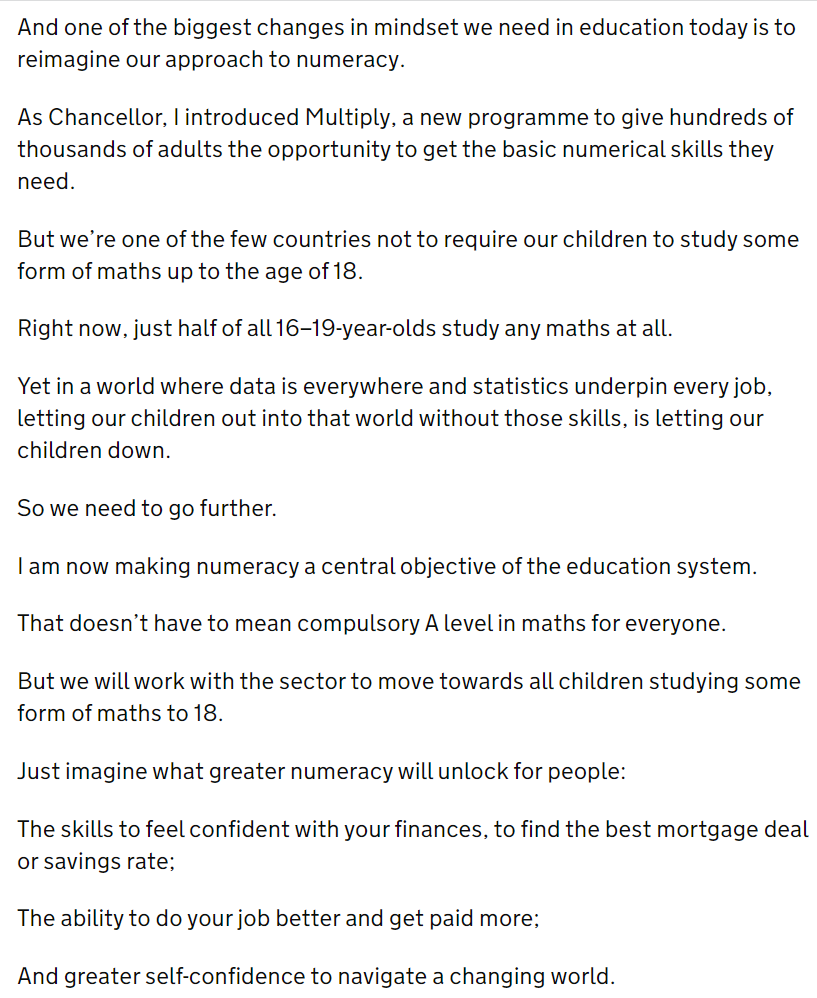 The text of the PM's speech has little to say about mathematics and conflates it with numeracy. But he does express a willingness to "work with the sector".  We're sitting in the hall waiting for the phone to ring.
