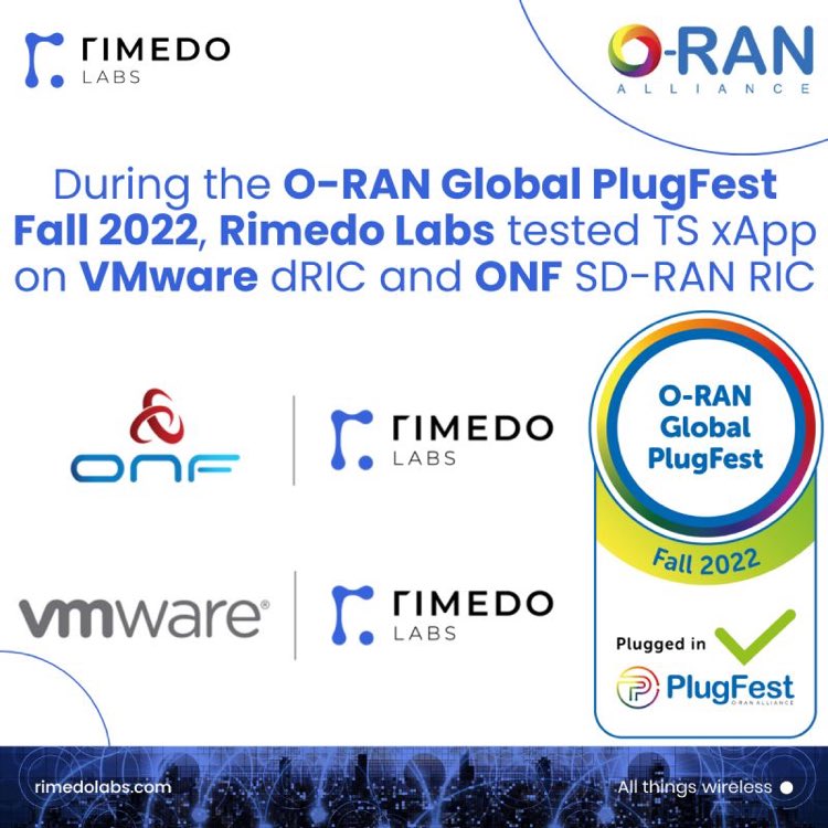 MarcinDryjanski's tweet photo. Rimedo Labs successfully demonstrated a couple of Open RAN integrations within the O-RAN ALLIANCE Global PlugFest Fall 2022. #ORAN #OpenRAN #5G #Plugfest #integration #allthingswireless #telecoms https://t.co/SkmW2nhNb5