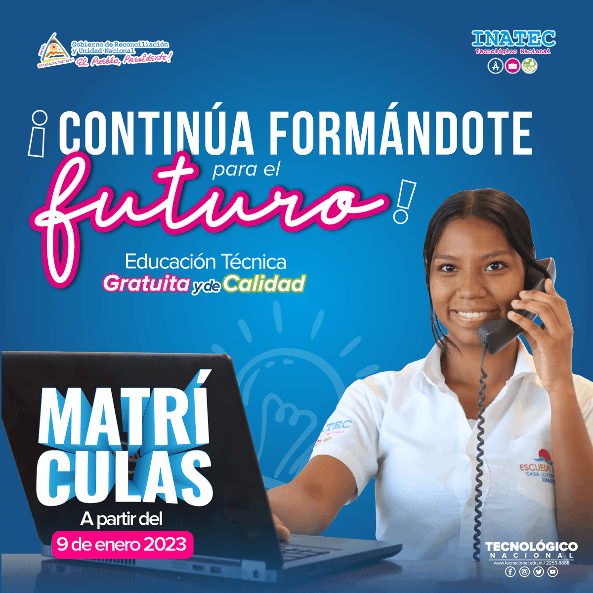 #2023JuntosVamosAdelante 
¡Estudiá una carrera técnica y construí un mejor futuro profesional! 📝#SoyTecNicaragua 
✍ Matrículas disponibles a partir del 09 de enero 
🌐 Oferta Formativa 2023:  tecnacional.edu.ni/educacion-tecn…
#UnidosEnVictorias
@FloryCantoX @y_el_sol 
Cort:@UnidasCentro