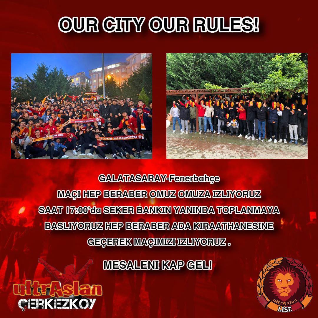 Semtin tek hakimi diyerek çıktığımız bu yolda Galatasaray'ımızın fenerbahçe ile oynacağı bu maç öncesi şekerbank yanında toplanıyoruz. Semti Galatasaray aşkıyla yakacağız. Herkes davetlimizdir!

(MEŞALEYİ HERKES KENDİSİ TAHSİS EDECEKTİR)

#uAÇerkezköy #ultrAslanLiseÇerkezköy
