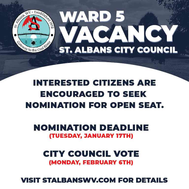 St. Albans Mayor Declares Vacancy in Council Ward 5

Interested citizens in Ward 5 are encouraged to contact a City Council member about the nomination for the position prior to January 17th Council Meeting.

More Details👇
stalbanswv.com/vacancy-in-cou…

#localnews #stalbanscitycouncil
