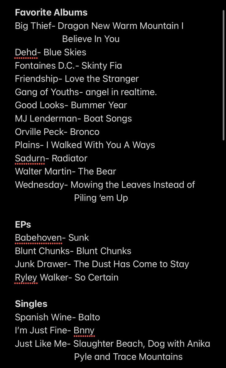 KirchnerRyan's tweet photo. Favorite music from 2022. There was a decent gap in my favorite albums from ones I really liked, so I broke them up. 
Also included some EPs I liked and singles that as far as I know aren’t on LPs/EPs (not fav songs, that’d be tough to whittle down)
Let me know what I missed! https://t.co/R5RcCTVFi9