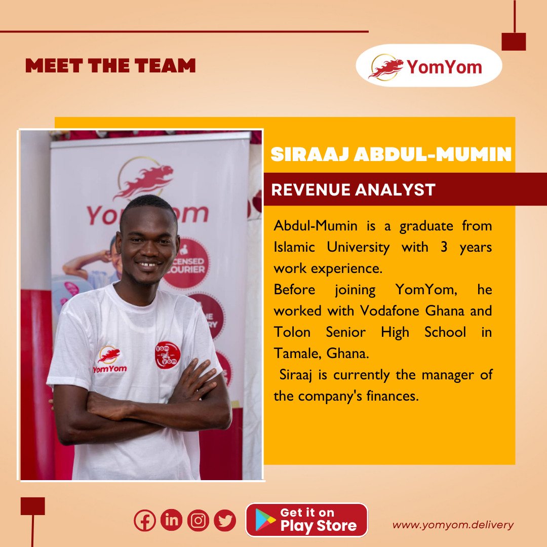 yomyomdelivery's tweet photo. Abdul-Mumin is a graduate from Islamic University with 3 years work experience. 

Before YomYom, He worked with Vodafone Ghana and Tolon Senior High School in Tamale Ghana.
 
Siraaj is currently the manager of the company's Finances.

#meettheteam #logisticsmanagement #dellivery https://t.co/WAHJIjV1WL