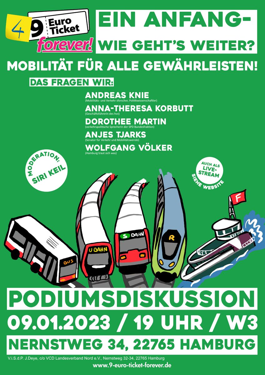 (4)9 Euro Ticket ein Anfang - wie geht's weiter? - Mobilität für alle gewährleisten!
Podiumsdiskussion am 09.01.2023 um 19:00 Uhr im W3, Nernstweg 32-34 Hamburg-Altona und im Livestream unter: 9-euro-ticket-forever.de/podiumsdiskuss… 
#Deutschlandticket #9EuroTicket #49EuroTicket