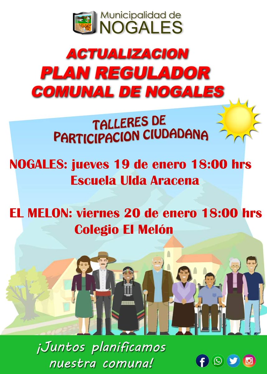 Vecinos y vecinas, en el marco de la actualización del Plan Regulador Comunal de Nogales te invitamos a participar de la primera ronda de talleres participativos de diagnóstico que permitirán levantar las principales problemáticas de los centros urbanos de nuestra comuna.