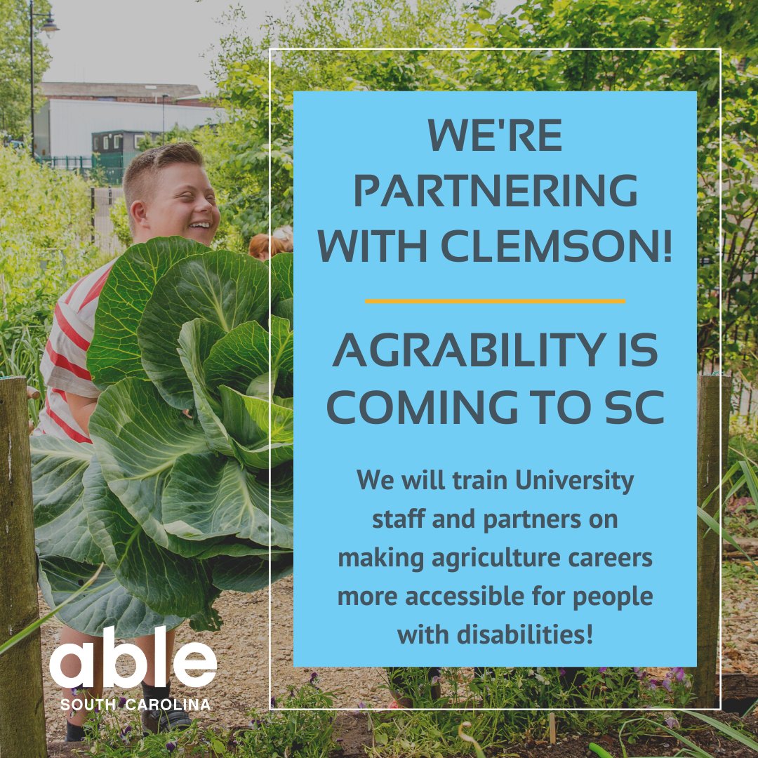 Able_SC's tweet photo. We're partnering with @ClemsonUniv to bring this national initiative to SC! We will be training Clemson staff and partners on making the agriculture career field accessible for people with disabilities.
https://t.co/IESERfYKFZ
#Farming #DisabledFarming #Disability #Agrability https://t.co/zgexFesG7i