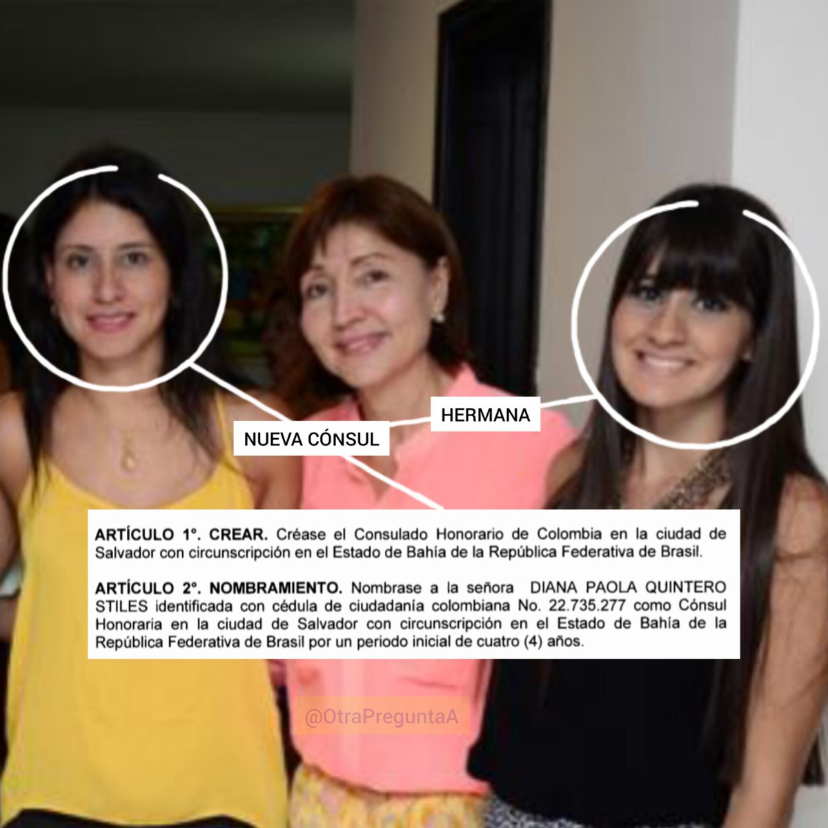 OtraPreguntaA's tweet photo. Físico Impuro no miente cuando dice que el petrismo se alió con amigos de Abudinen.

De hecho, acaban de crear un consulado honorario en Salvador de Bahía, solo para dárselo a Diana Quintero Stiles, cuñada de Mauricio Valdeblánquez, asesor de la ministra durante el escándalo. https://t.co/MHkYfVZ7V7