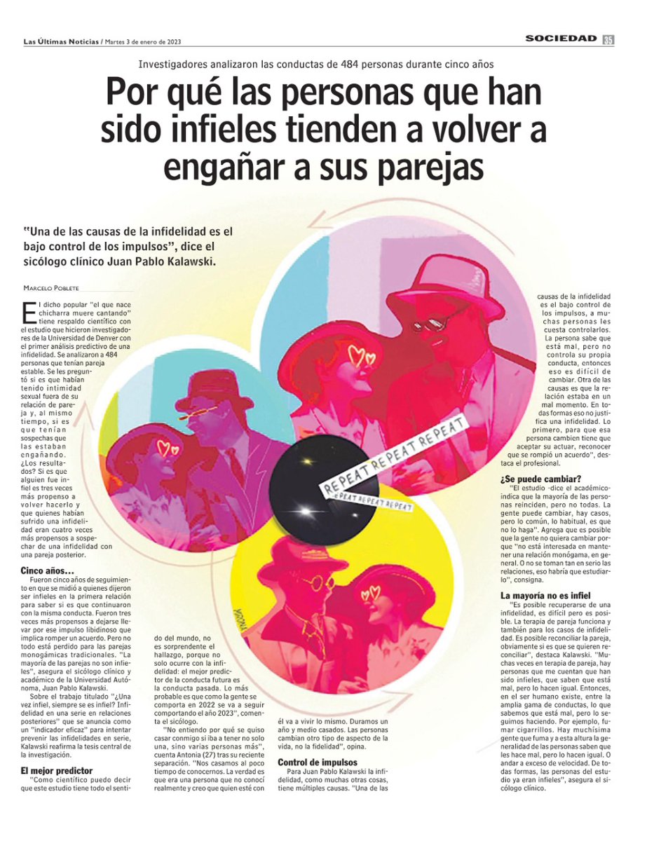 PRENSA 📰 ¿Por qué las personas que han sido infieles tienden a volver a engañar a sus parejas?
"Una de las causas de la infidelidad es el bajo control de los impulsos", dice el sicólogo clínico y académico de nuestra universidad Juan Pablo Kalawski en #LUN ⤵️