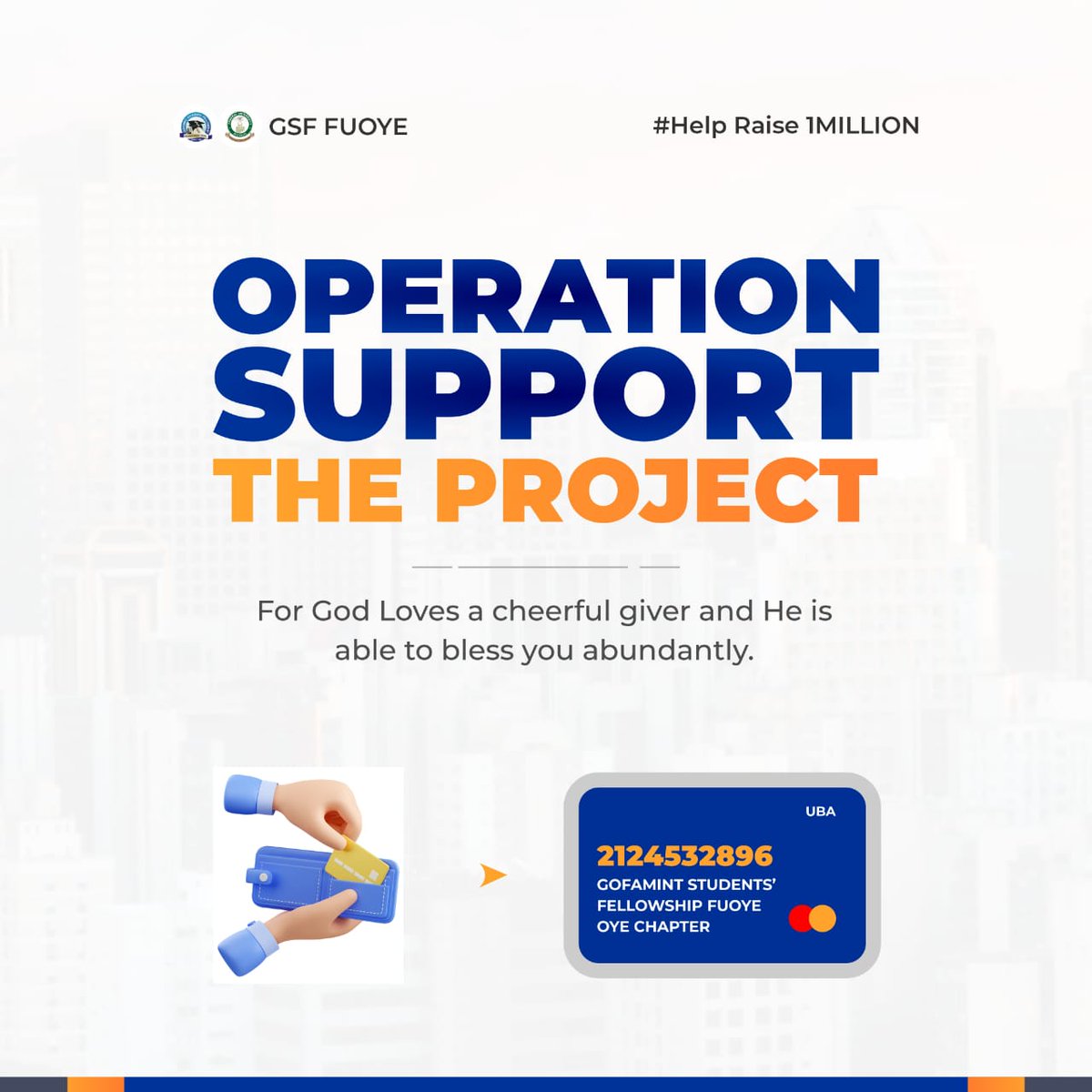 Joshbaba0's tweet photo. It's Operation support the project.

.for God loves a cheerful giver and He is able to bless you abundantly,so that in all things at all times, having all that you need, you will abound in every good work. (2 Cor 9:6-8)

#fundraising
#buildingproject
#gsffuoye
#transformingmedia https://t.co/THQXEjNEh7