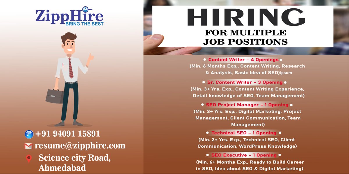 ZippHire's tweet photo. Hiring for Content Writer, SEO Executive, Specialist and Project Manager @ Ahmedabad

#Careers #Employment #graduate #interview #Job #jobhunt #JobOpening #jobseeker #Recruiting #recruitment #insta #viral #explorepage #india #likes #Trending #instagood #likeandshare https://t.co/J4hChvPzps