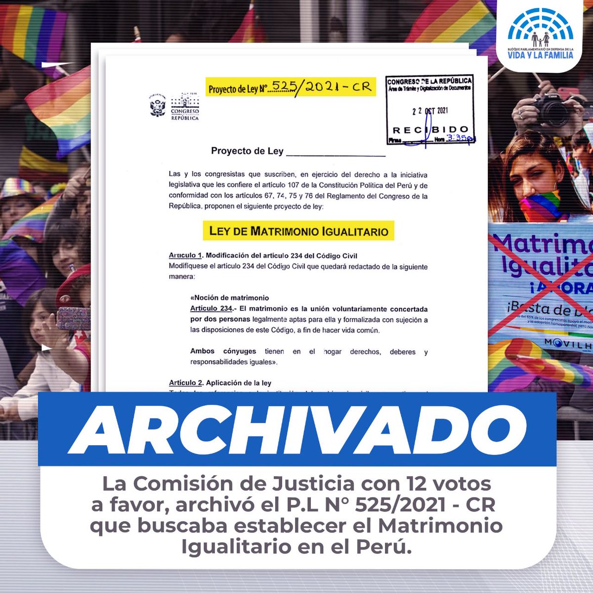 BloqueVidayFam's tweet photo. 🇵🇪 #VictoriaProVida | Una vez más, el @congresoperu se pone de pie para RECHAZAR la aprobación del matrimonio igualitario en nuestro país. Hoy, la Comisión de Justicia decidió enviar al ARCHIVO un proyecto q atenta contra nuestra Constitución y la familia #PerúBastiónProFamilia👨‍👩‍👧 https://t.co/lp1QV8IJrF
