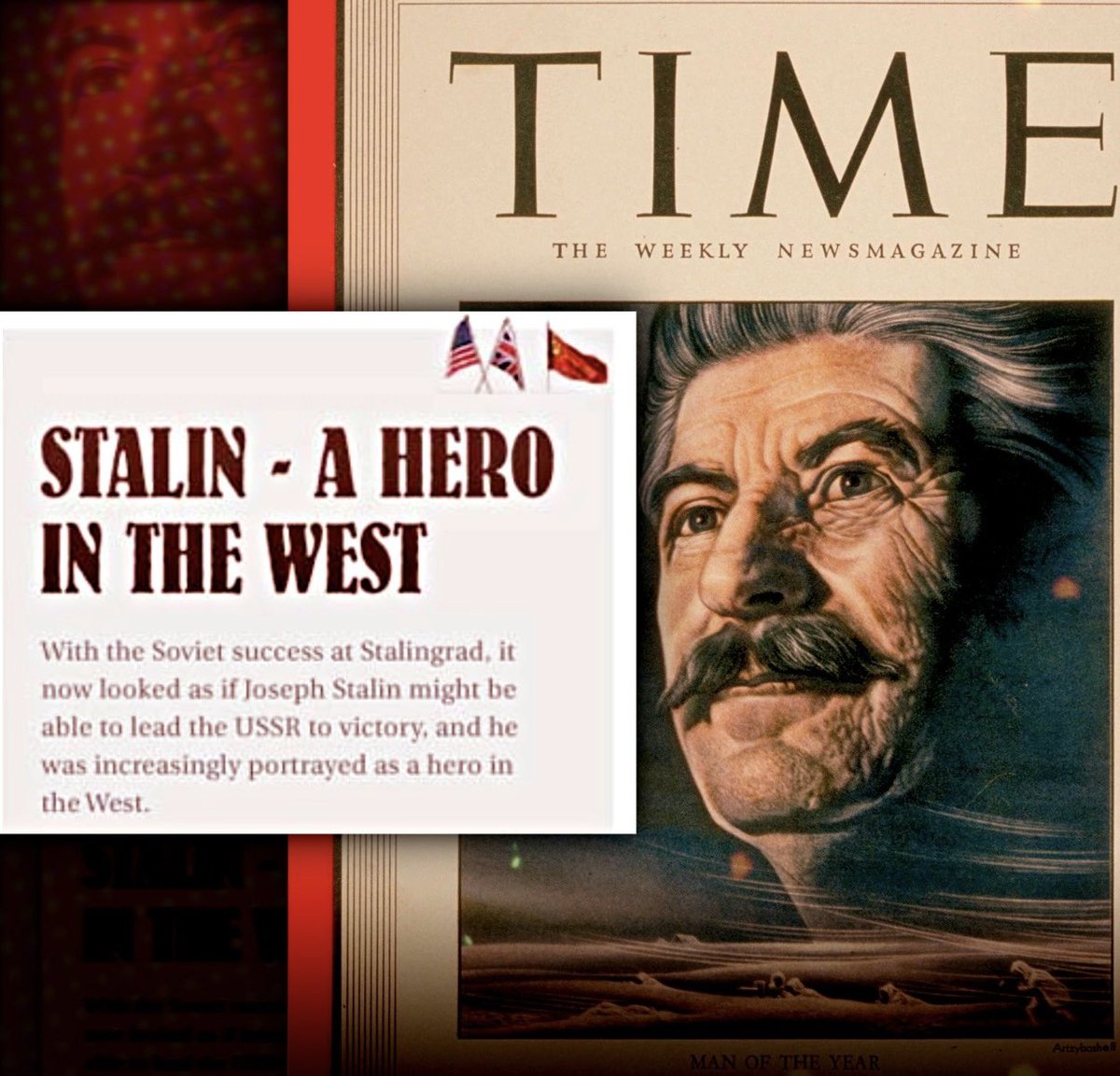 4.01.1943 Time назвал «Человеком года» Сталина.Тогда наступил перелом в Сталинградской битве(и 2-й мировой).Понимая неизбежность Победы СССР над нацистской Германией,США и Великобритания в 44-м открывают второй фронт.Вывод:уважают только силу.Поэтому РФ нужно вновь стать могучей!